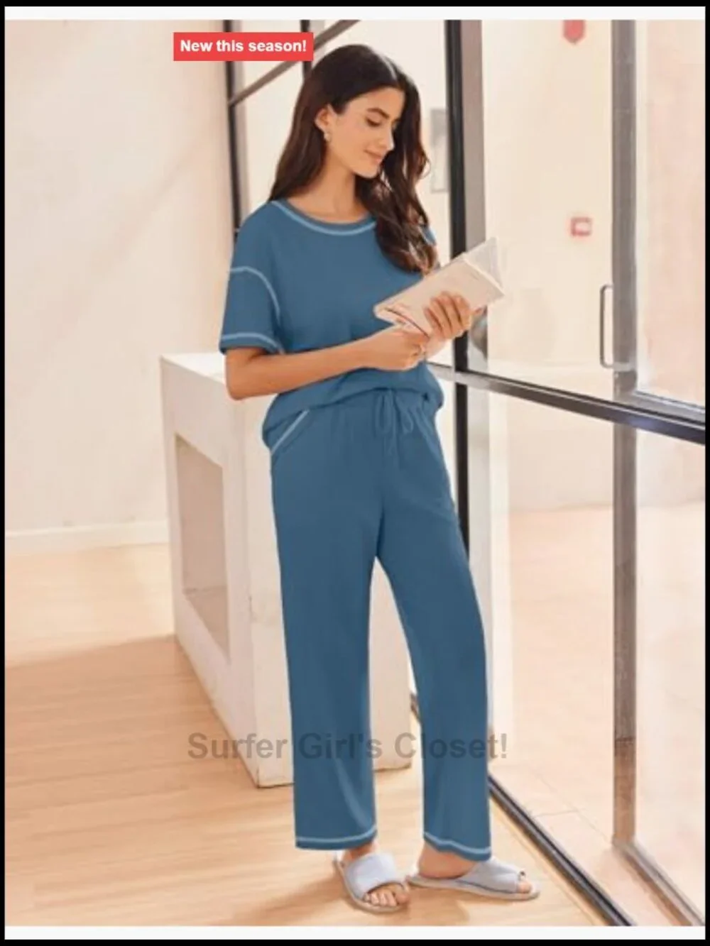 Ekouaer 2 Piece Waffle Knit Lounge Set Short Sleeve Top and Long Pants Pajama
